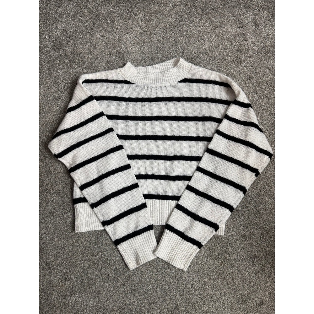 White Black Striped Crewneck Pullover Sweater Kids Size 13Y